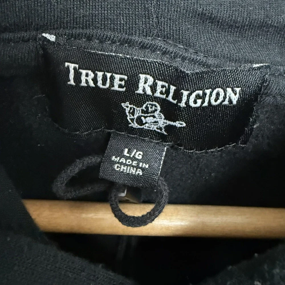 True Religion Hoodie Mens Large Black World Tour Pullover Fleece Sweatshirt L